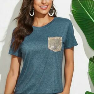 Plus Size!! Sequin Pocket Tie Front Blouse